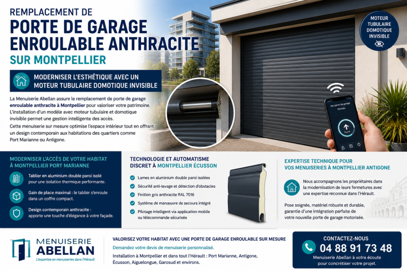 Remplacement de porte garage enroulable anthracite sur Montpellier : moderniser l'esthétique avec un moteur tubulaire domotique invisible