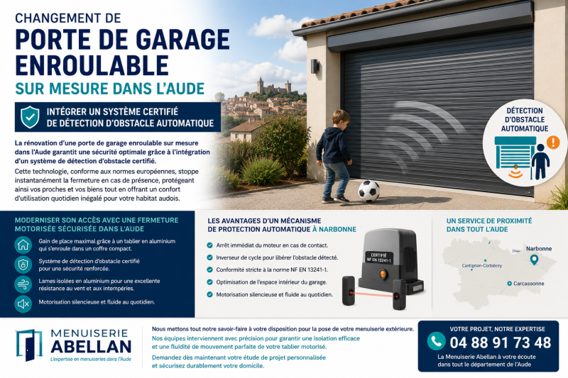 Changement de porte garage enroulable sur mesure dans l'Aude : intégrer un système certifié de détection d'obstacle automatique