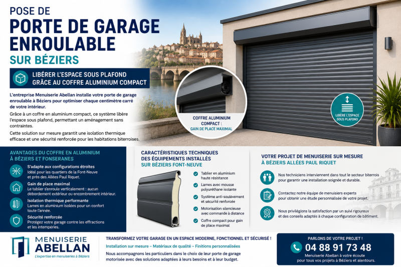 Pose de porte de garage enroulable sur Béziers : libérer l'espace sous plafond grâce au coffre aluminium compact